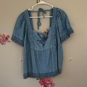 Old Navy Denim Blue Embroidered Blouse